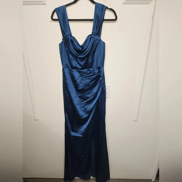 Lulus Stunning Arrival Dark Teal Satin Off-The-Shoulder Maxi Dress Wedding - Picture 6 of 11